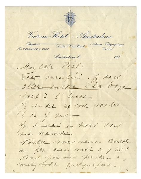 Mata Hari Autograph Letter Signed to Her Lover, Piet van der Hem -- ''...Want to come and talk to me a little at 9 pm?...''